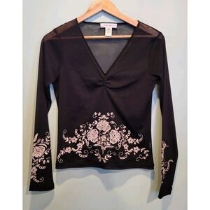 Black Sheer Stretch Mesh Floral Embroidered Whimsigoth Fairy Grunge Top Sz M